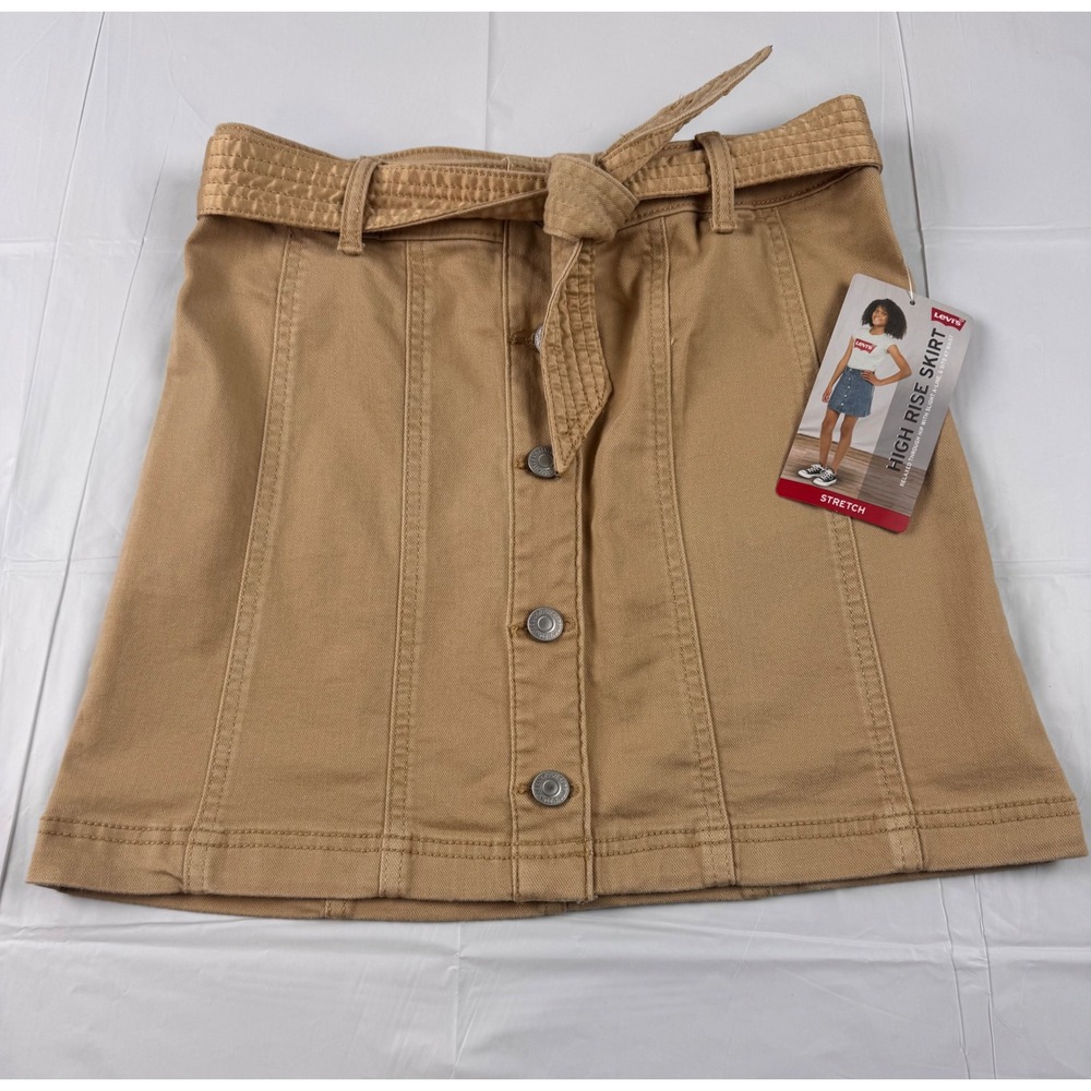 Levis Girls High Rise Skirt Tan Khaki Button Front Tie Waist Stretch Size 12 NEW